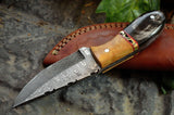 CUSTOM HANDMADE DAMASCUS STEEL BULL HORN & OLIVE WOOD HUNTING KNIFE