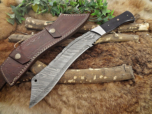 15" long Damascus steel Eagle Kukri Knife, 10" full tang blade, Leather sheath - NB CUTLERY LTD