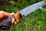 CUSTOM HANDMADE DAMASCUS HUNTING KNIFE WITH LEATHER SHEATH