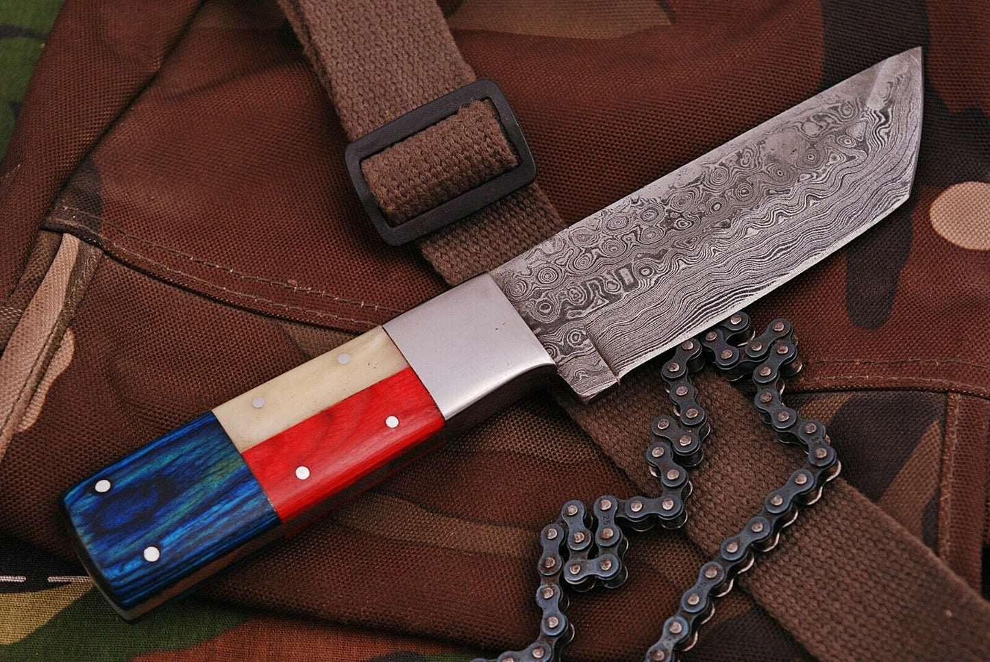 CUSTOM HANDMADE DAMASCUS TANTO BLADE HUNTING KNIFE HANDLE CAMEL BONE AND HARDWOOD
