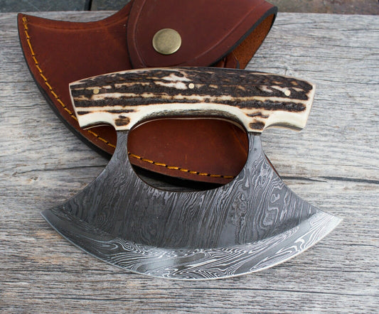 CUSTOM HANDMADE DAMASCUS ULU KNIFE WITH LEATHER SHEATH