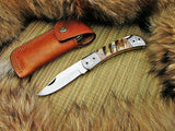 CUSTOM HANDMDAE D2 STEEL FOLDING KNIFE WITH LEATHER SHEATH