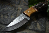 CUSTOM HANDMADE DAMASCUS STEEL BULL HORN & OLIVE WOOD HUNTING KNIFE