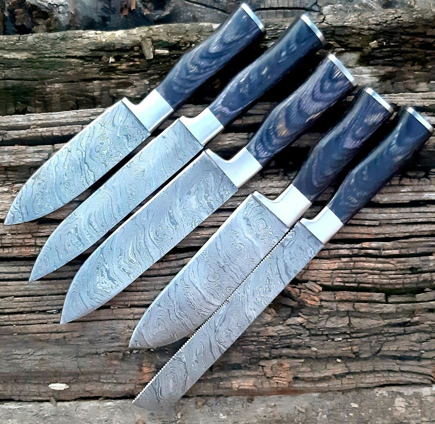 CUSTOM HANDMADE DAMASCUS 5 PCS CHEF SET WITH LEATHER ROLL KIT