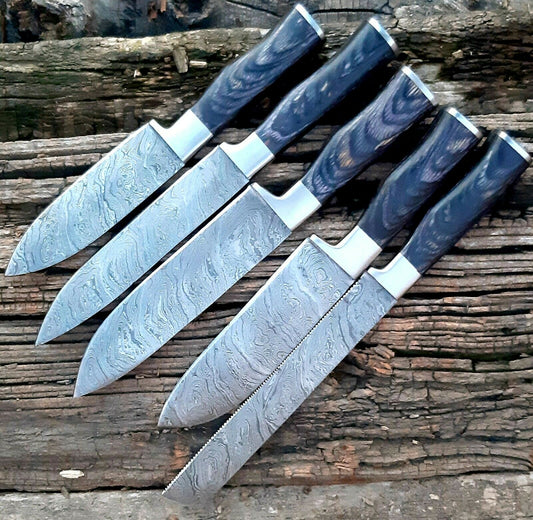 CUSTOM HANDMADE DAMASCUS 5 PCS CHEF SET WITH LEATHER ROLL KIT