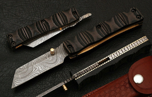 CUSTOM HANDMADE DAMASCUS FOLDING KNIFE WITH LEATHER SHEATH