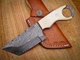 CUSTOM HANDMADE DAMASCUS STEEL CAMEL BONE MINI CLEAVER POCKET KNIFE WITH POUCH