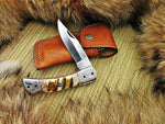 CUSTOM HANDMDAE D2 STEEL FOLDING KNIFE WITH LEATHER SHEATH