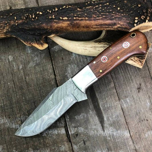 Rosewood Handle Skinner Knife – Hand-Forged Damascus with Steel Guard