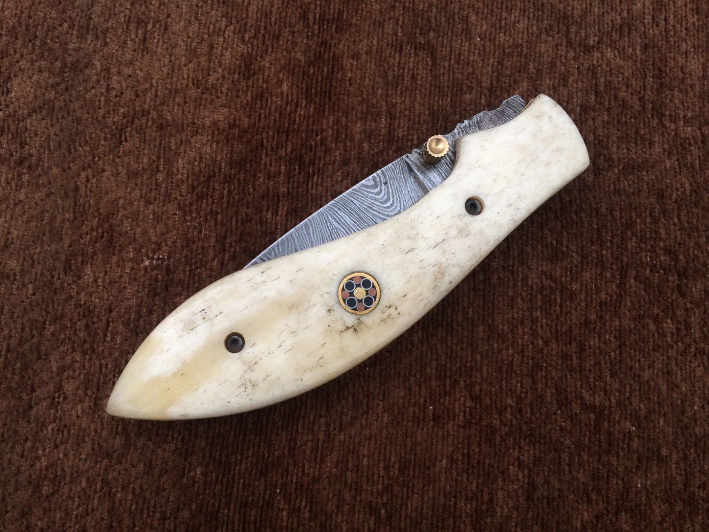 CUSTOM HANDMADE DAMASCUS POCKET KNIFE WITH LEATHER SHEATH