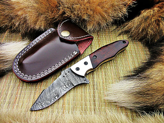 CUSTOM HANDMADE DAMASCUS FOLDING KNIFE WITH LEATHER SHEATH
