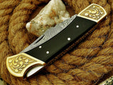 CUSTOM HANDMADE DAMASCUS FOLDING KNIFE WITH LEATHER SHEATH