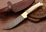 CUSTOM HANDMADE DAMASCUS HUNTING KNIFE Handle Camel Bone & Buffalo Horn with Stunning Brass Pins.