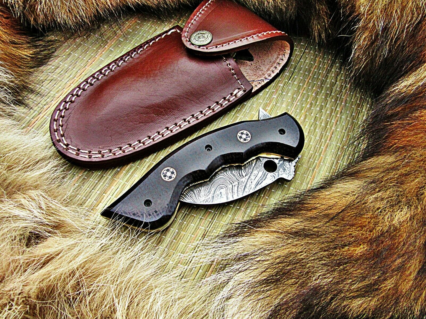 CUSTOM HANDMADE DAMASCUS POCKET KNIFE WITH LEATHER SHEATH