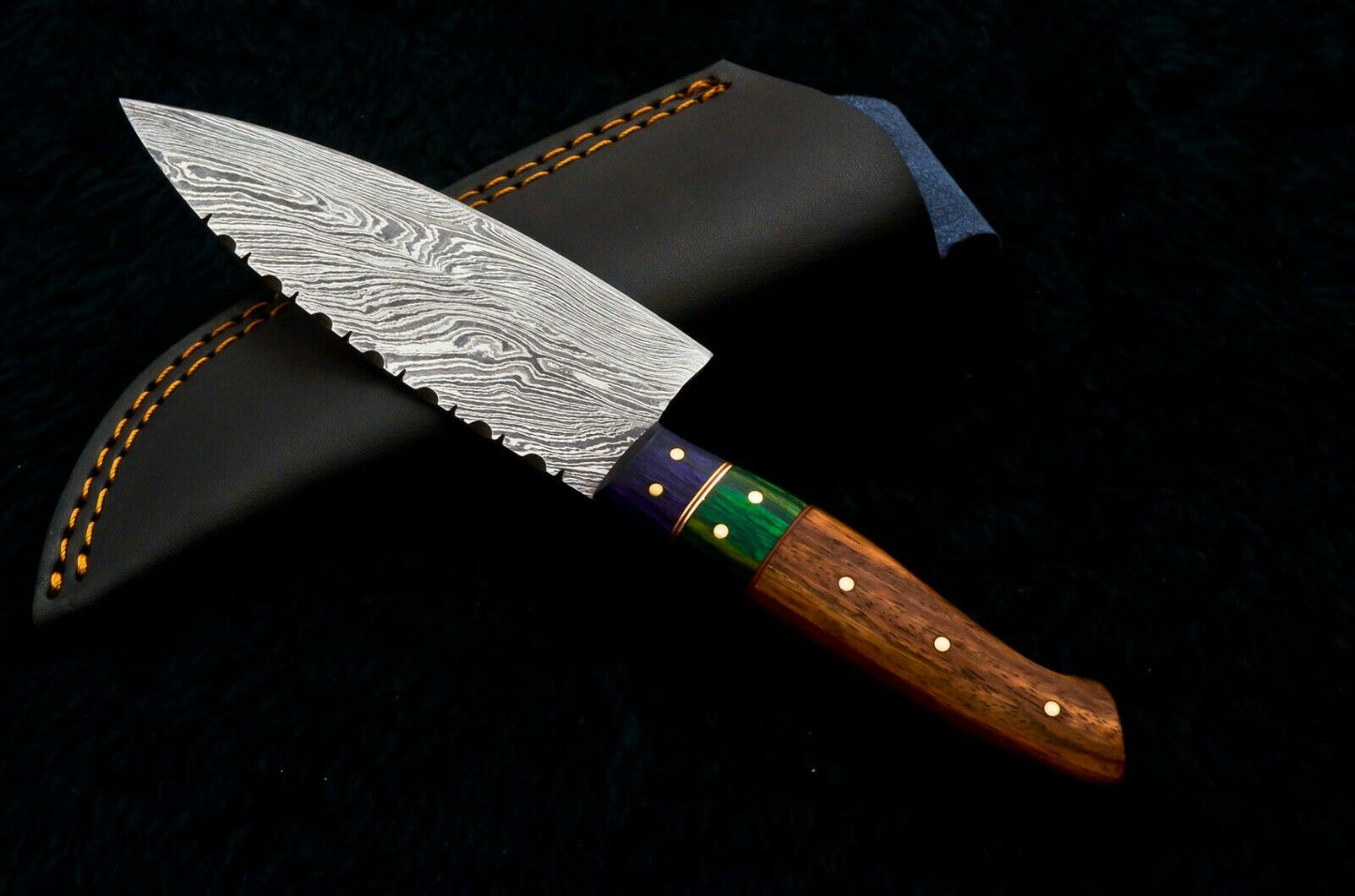 CUSTOM HANDMADE DAMASCUS STEEL CHEF KNIFE WITH LEATHER SHEATH
