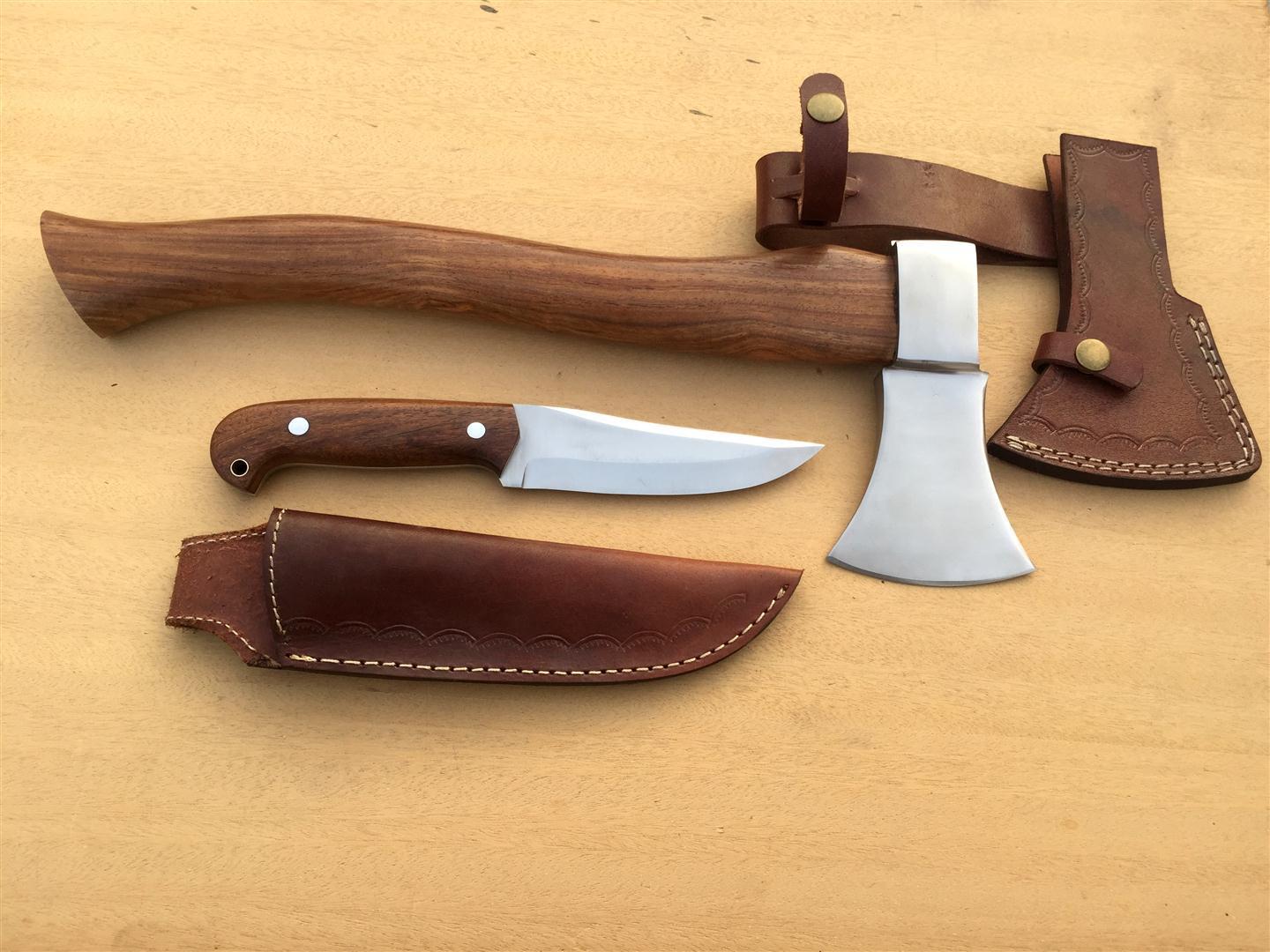 CUSTOM MADE TOMAHAWK AXE WITH BUSHCRAFT KNIFE/ ROSEWOO HANDLE - NB CUTLERY LTD