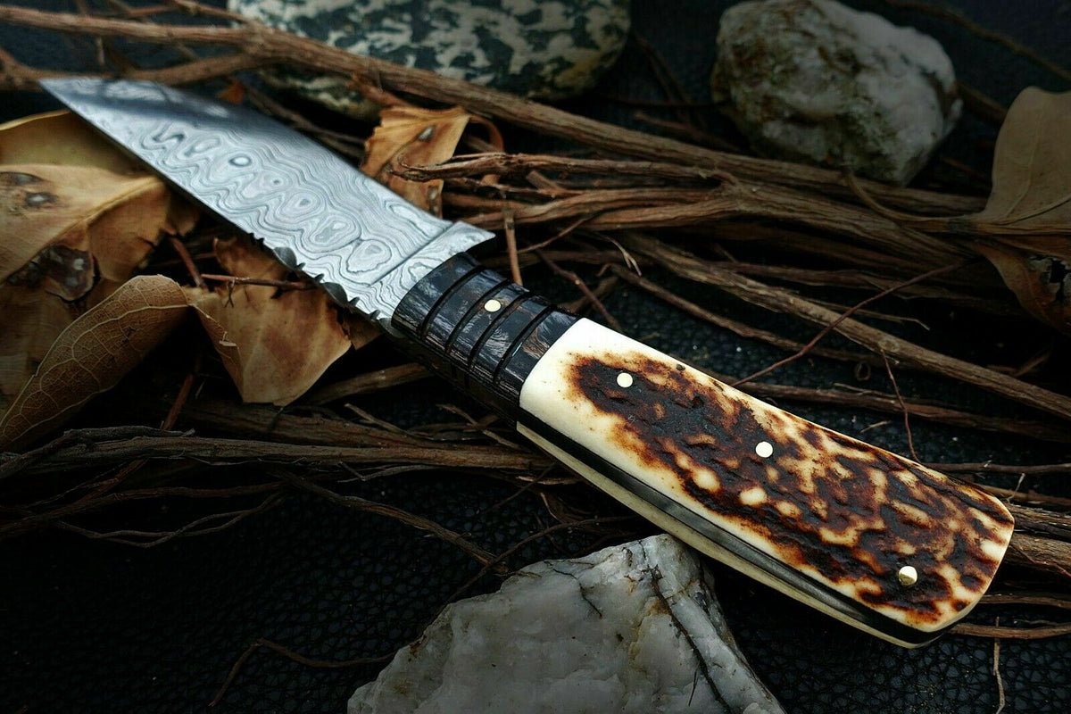 Custom Handmade Damascus Steel Stag Horn Hunting Knife & Leather Sheath