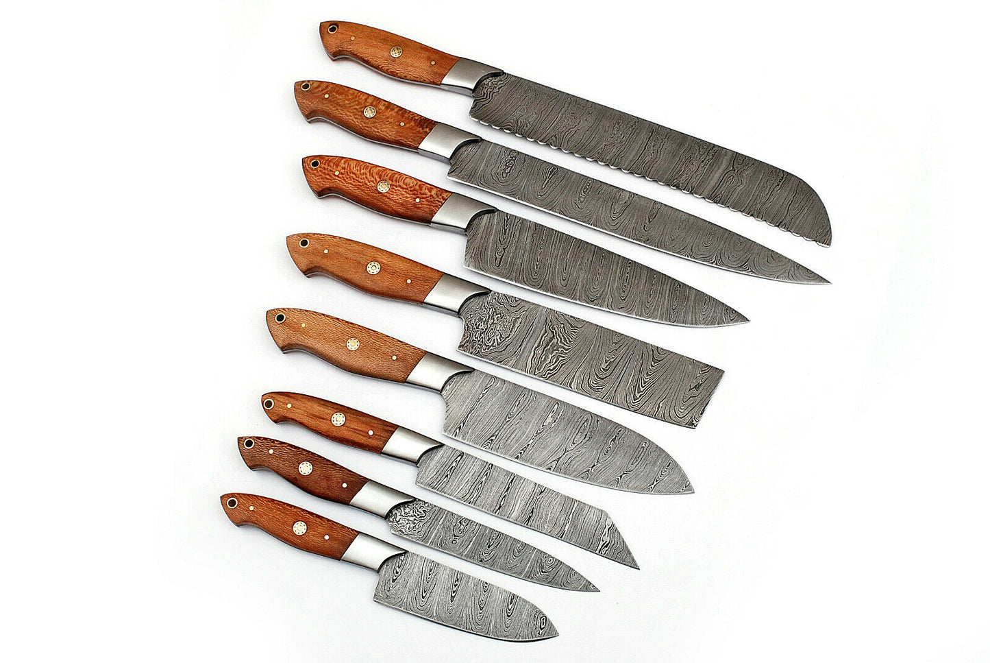 Handmade Damascus Steel 8-Piece Chef Knife Set | Chinar Wood & Brass Pin