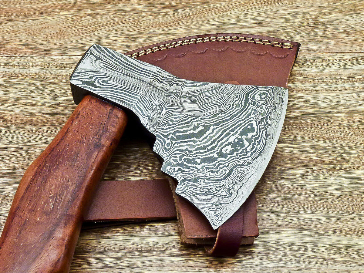 Custom Handmade Damascus Steel Axe Handle Rosewood With Beautiful Leather Sheath Heavy-duty Camping Hatchet High-quality Camping Axe