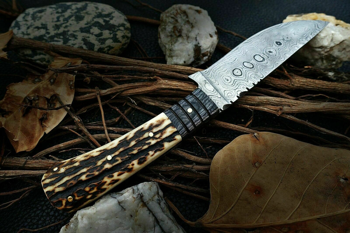 Custom Handmade Damascus Steel Stag Horn Hunting Knife & Leather Sheath
