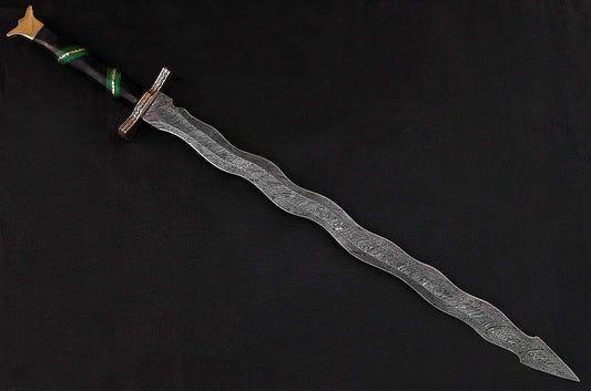 CUSTOM HANDMADE DAMASCUS STEEL SWORD WITH LEATHER SHEATH
