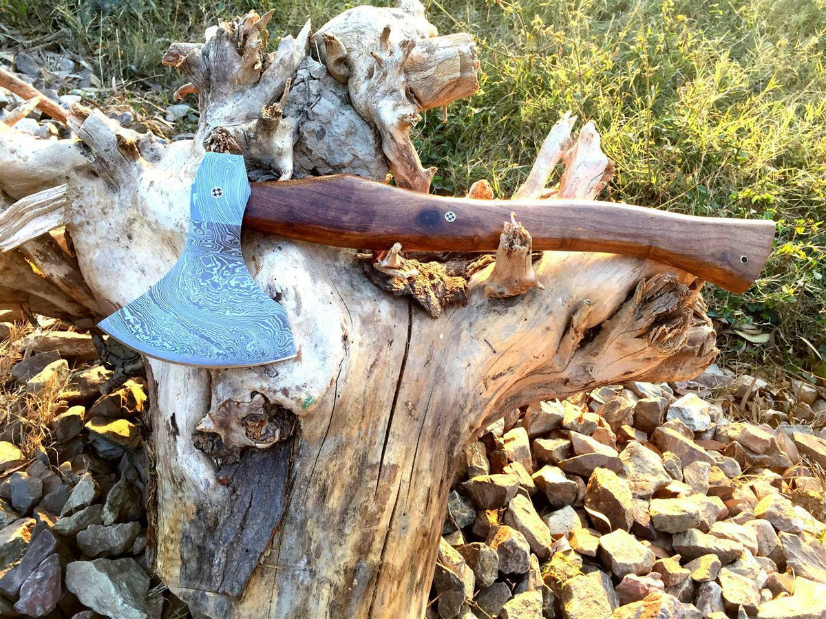 CUSTOM MADE 19"LONG DAMASCUS STEEL AXE TOMAHAWK HATCHET ROSEWOOD HANDLE