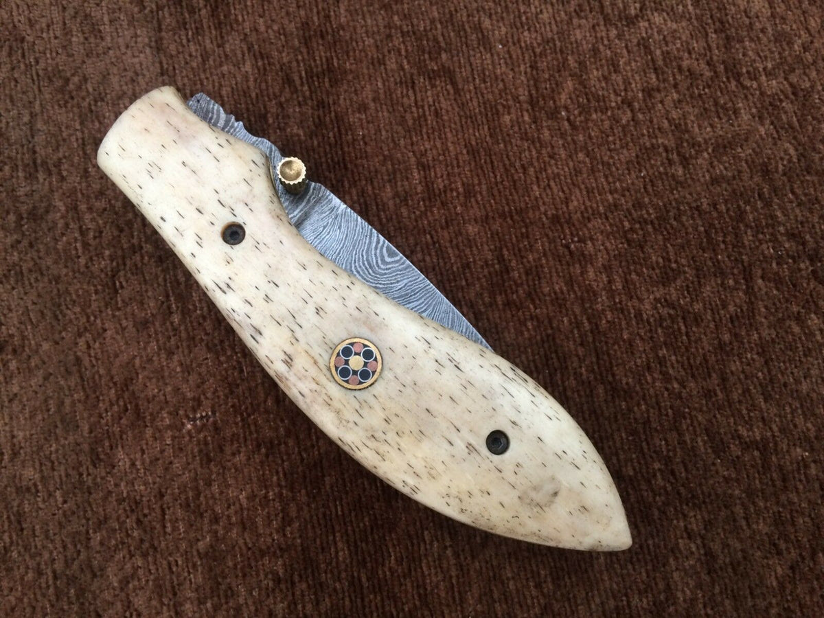 CUSTOM HANDMADE DAMASCUS POCKET KNIFE WITH LEATHER SHEATH