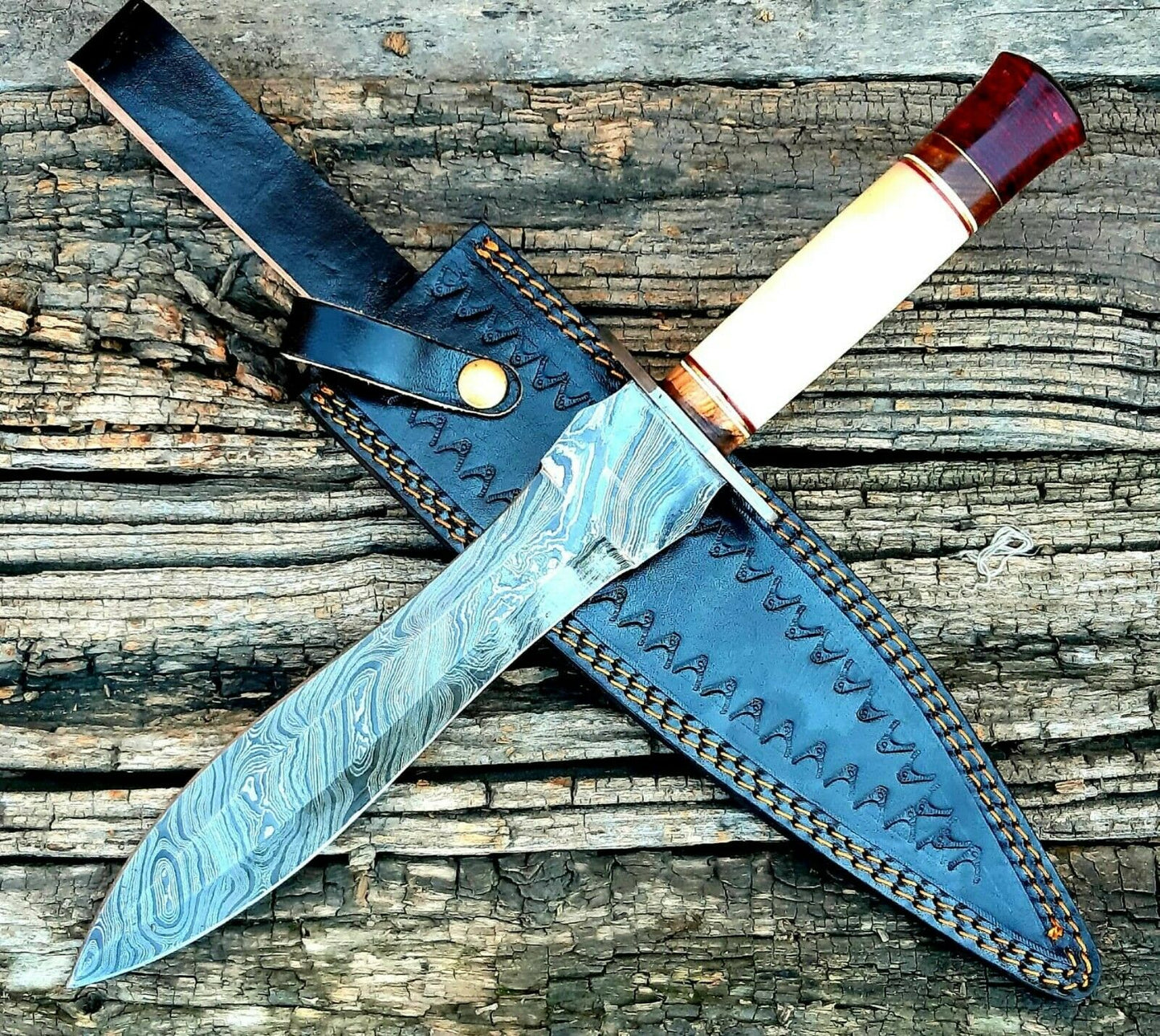 |NB KNIVES| CUSTOM HANDMADE DAMASCUS HUNTING KNIFE WITH LEATHER SHEATH