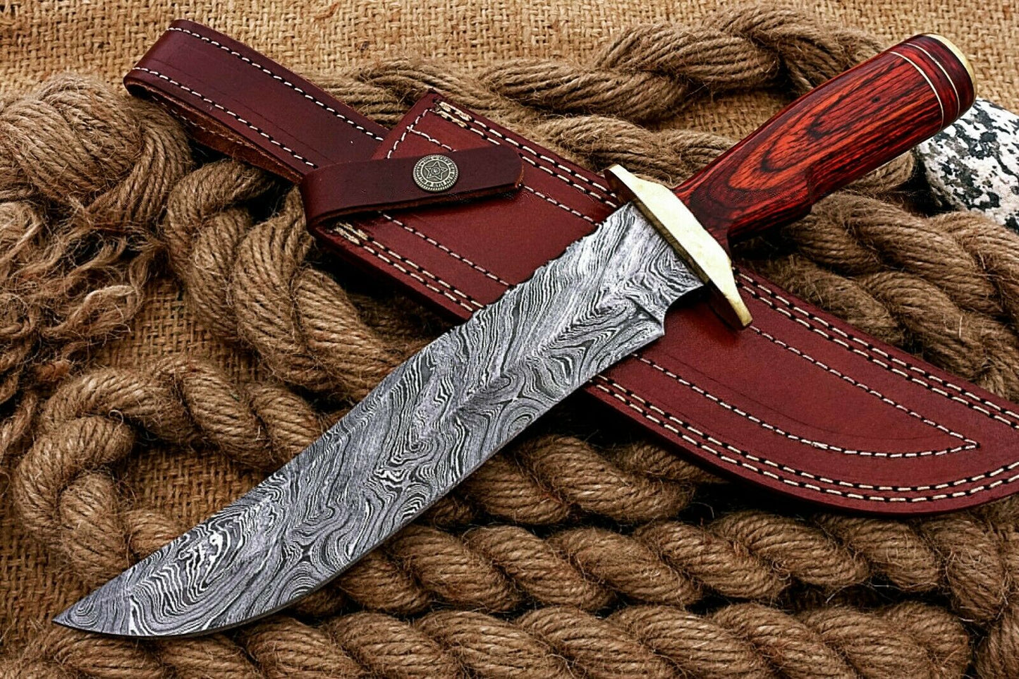 CUSTOM HANDMADE DAMASCUS HUNTING BOWIE KNIFE WITH LEATHER SHEATH
