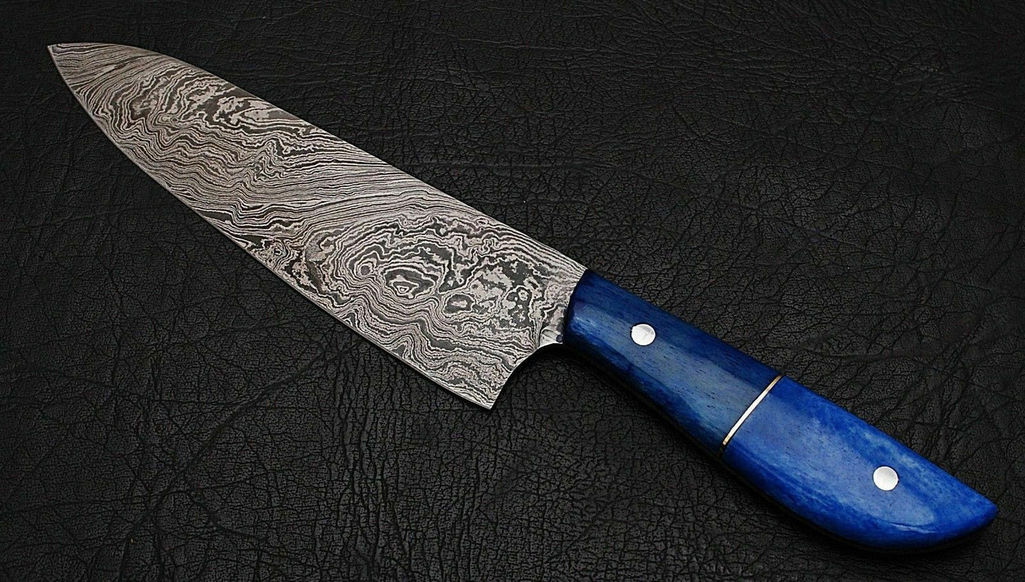 CUSTOM HANDMADE DAMASCUS STEEL CHEF KNIFE DYED CAMEL BONE