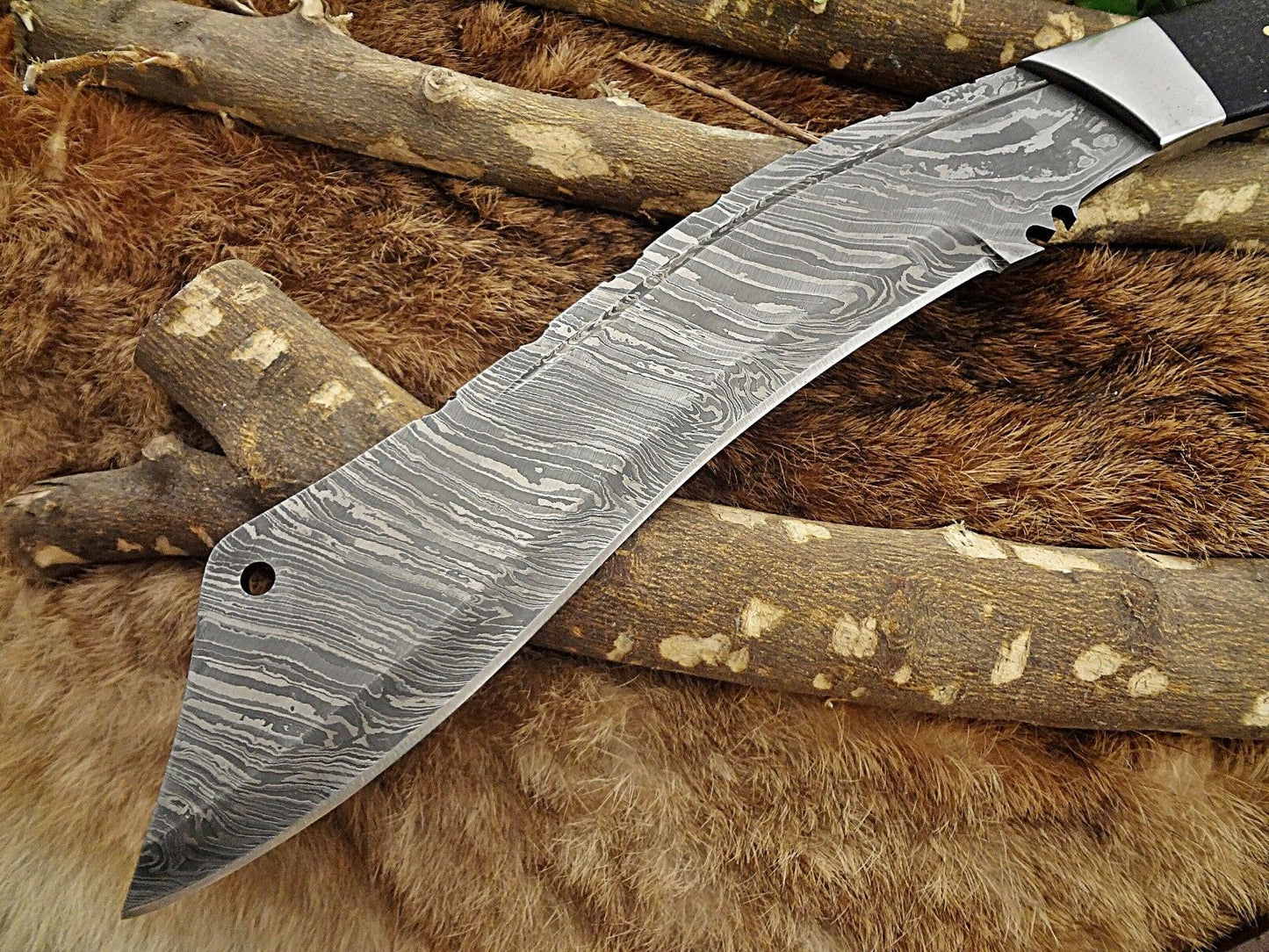 15" long Damascus steel Eagle Kukri Knife, 10" full tang blade, Leather sheath - NB CUTLERY LTD