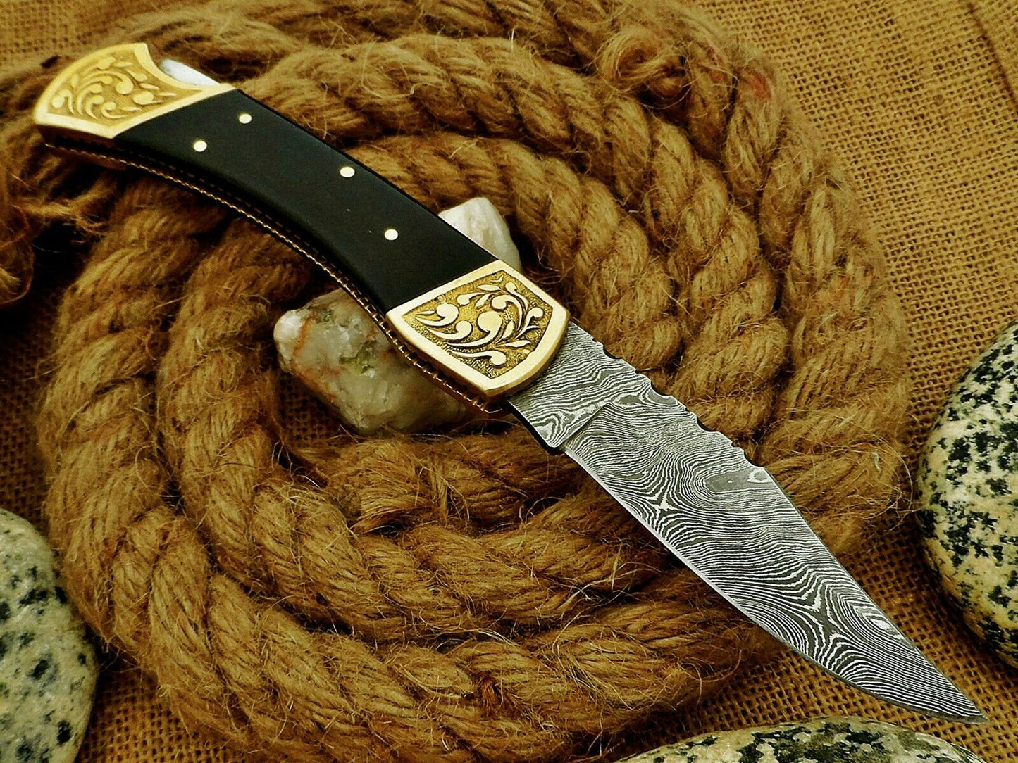 CUSTOM HANDMADE DAMASCUS FOLDING KNIFE WITH LEATHER SHEATH