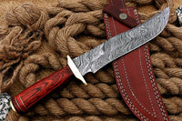 CUSTOM HANDMADE DAMASCUS HUNTING BOWIE KNIFE WITH LEATHER SHEATH