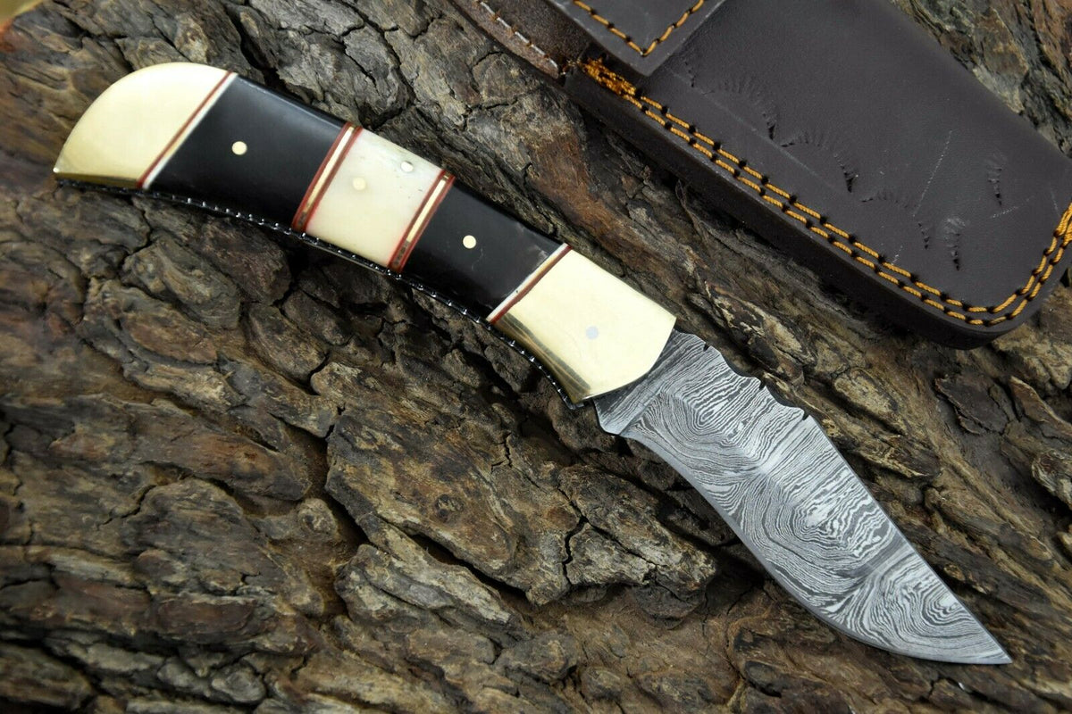 Damascus Steel Pocket Knife Featuring Camel Bone & Black Horn Handle