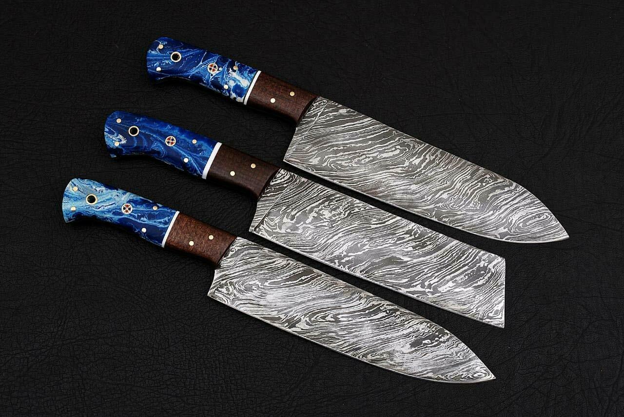 CUSTOM HANDMADE DAMASCUS STEEL 3 PIECES CHEF KNIVES SET WITH LEATHER KIT