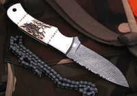 CUSTOM HANDMADE DAMASCUS STEEL HUNTING KNIFE HANDLE STAG HORN