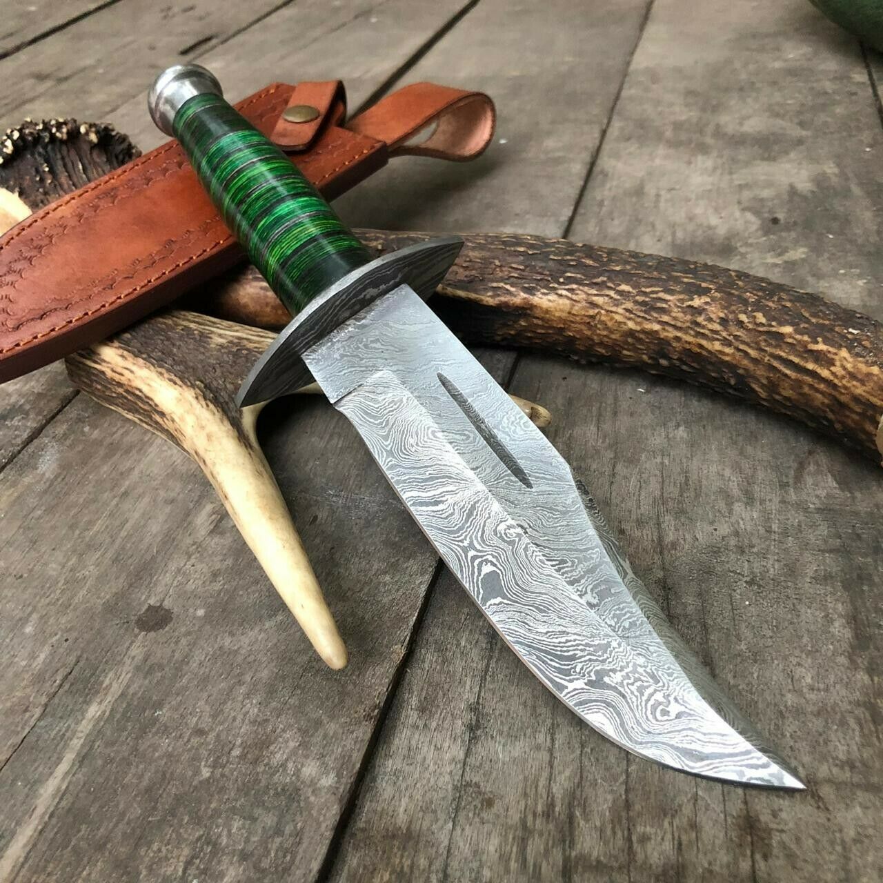 |NB KNIVES| CUSTOM HANDMADE DAMASCUS HUNTING KNIFE WITH LEATHER SHEATH
