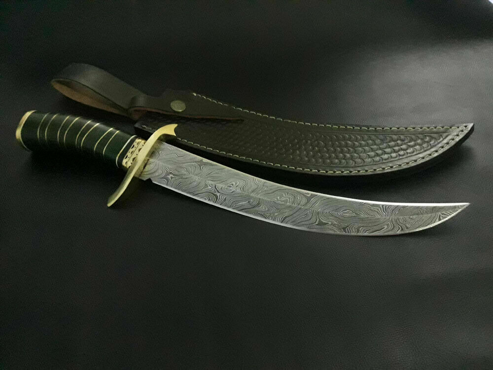 CUSTOM HANDMADE DAMASCUS HUNTING KNIFE WITH LEATHER SHEATH