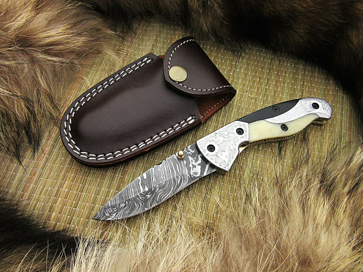 CUSTOM HANDMADE DAMASCUS POCKET KNIFE WITH LEATHER SHEATH