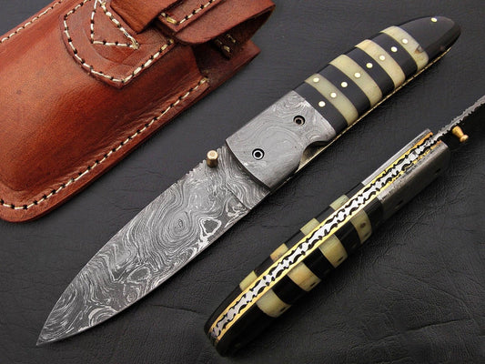 CUSTOM HANDMADE DAMASCUS POCKET KNIFE WITH LEATHER SHEATH