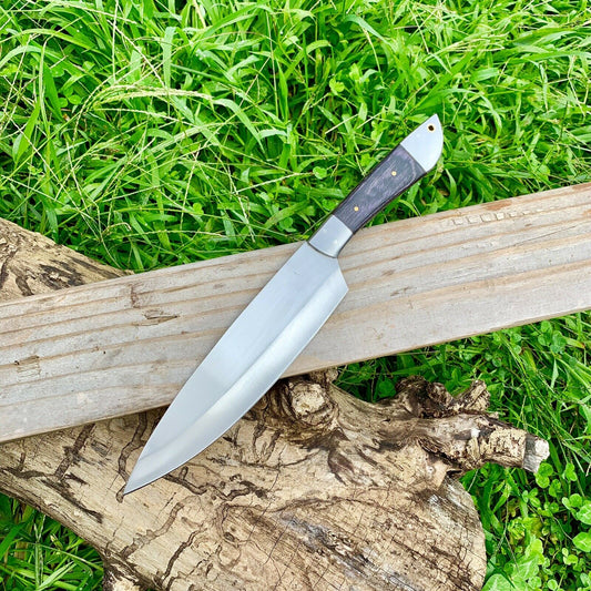 CUSTOM HANDMADE D2 STEEL CHEF KNIFE WITH LEATHER SHEATH