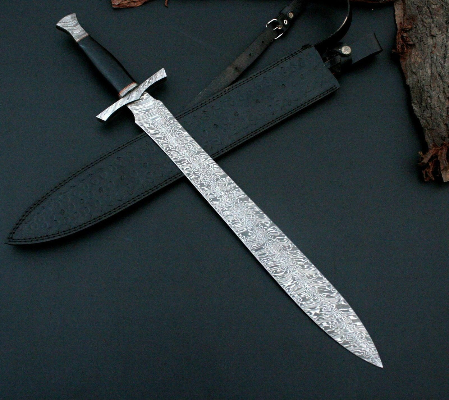 CUSTOM HANDMADE DAMASCUS STEEL SWORD WITH LEATHER SHEATH