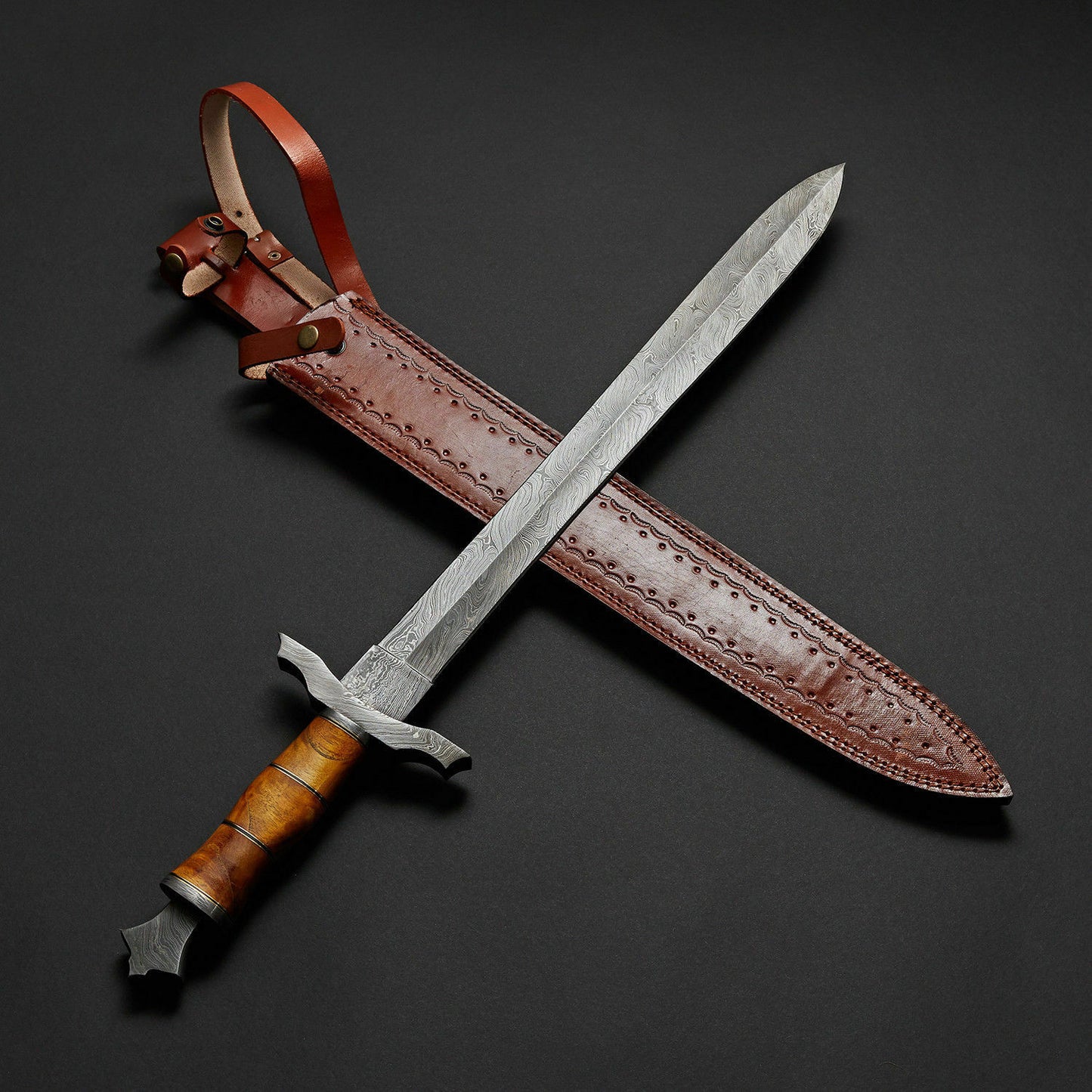 Handmade Beautiful 25.50 inches Damascus Steel Hunting Sword with sheath