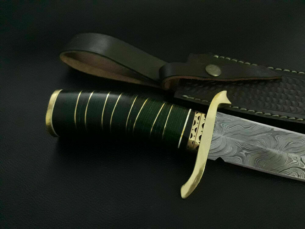 CUSTOM HANDMADE DAMASCUS HUNTING KNIFE WITH LEATHER SHEATH
