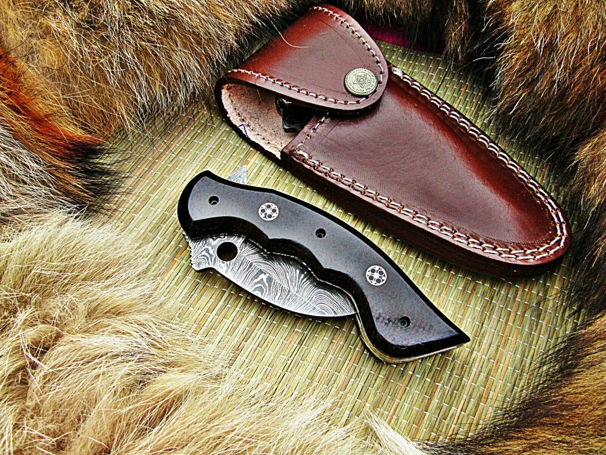 CUSTOM HANDMADE DAMASCUS POCKET KNIFE WITH LEATHER SHEATH