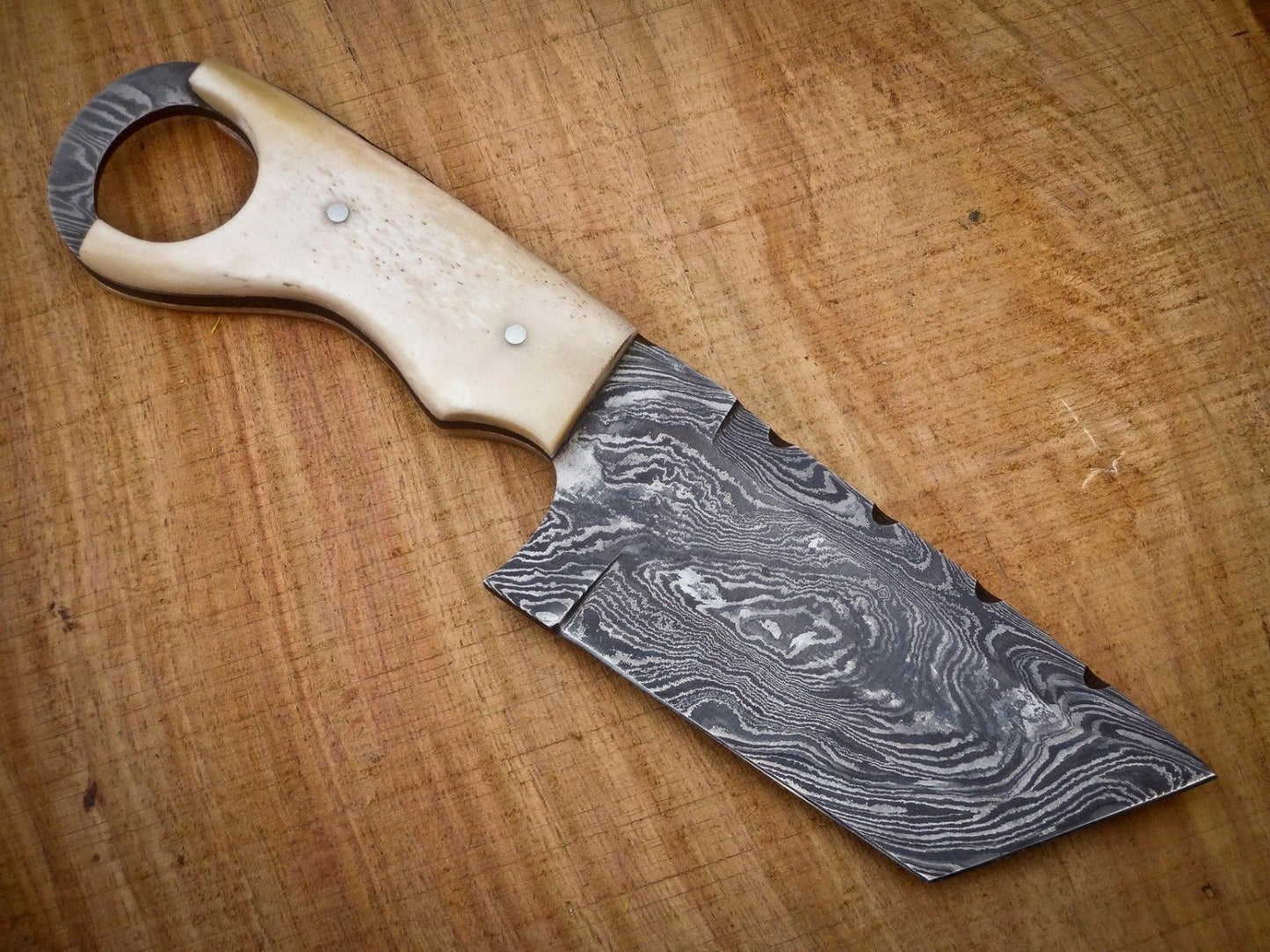 CUSTOM HANDMADE DAMASCUS STEEL CAMEL BONE MINI CLEAVER POCKET KNIFE WITH POUCH