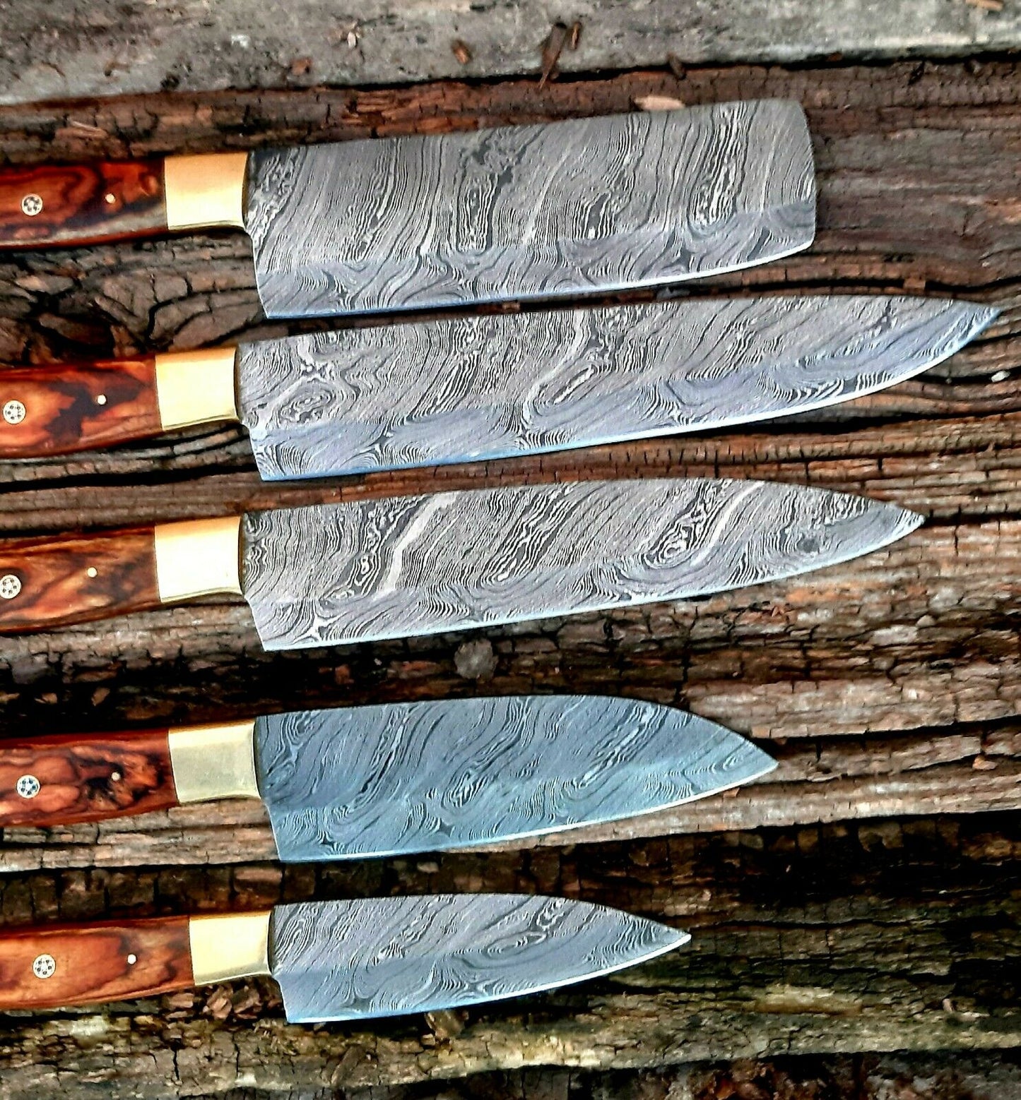 |NB KNIVES| CUSTOM HANDMADE DAMASCUS 5 PCS CHEF SET WITH LEATHER ROLL KIT