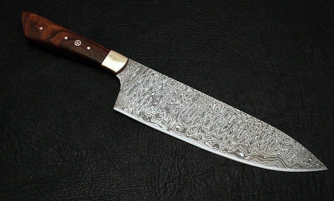 Handmade Damascus Steel Chef Knife | Rosewood Handle | 12" | Leather Sheath