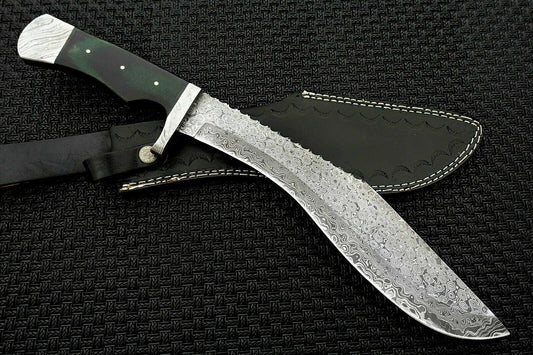 CUSTOM HANDMADE DAMASCUS KUKRI KNIFE WITH LEATHER SHEATH