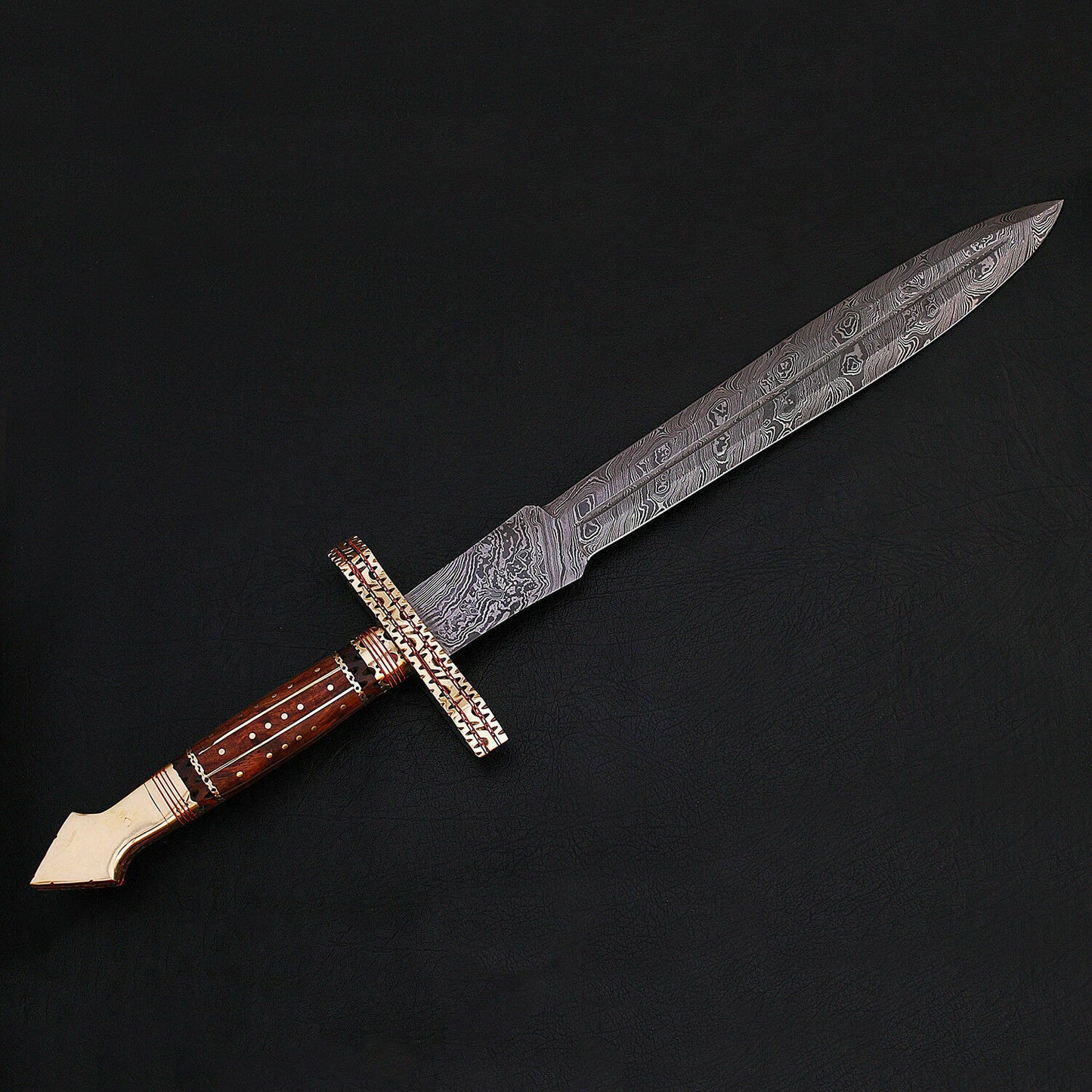 CUSTOM HANDMADE DAMASCUS SWORD WITH LEATHER SHEATH